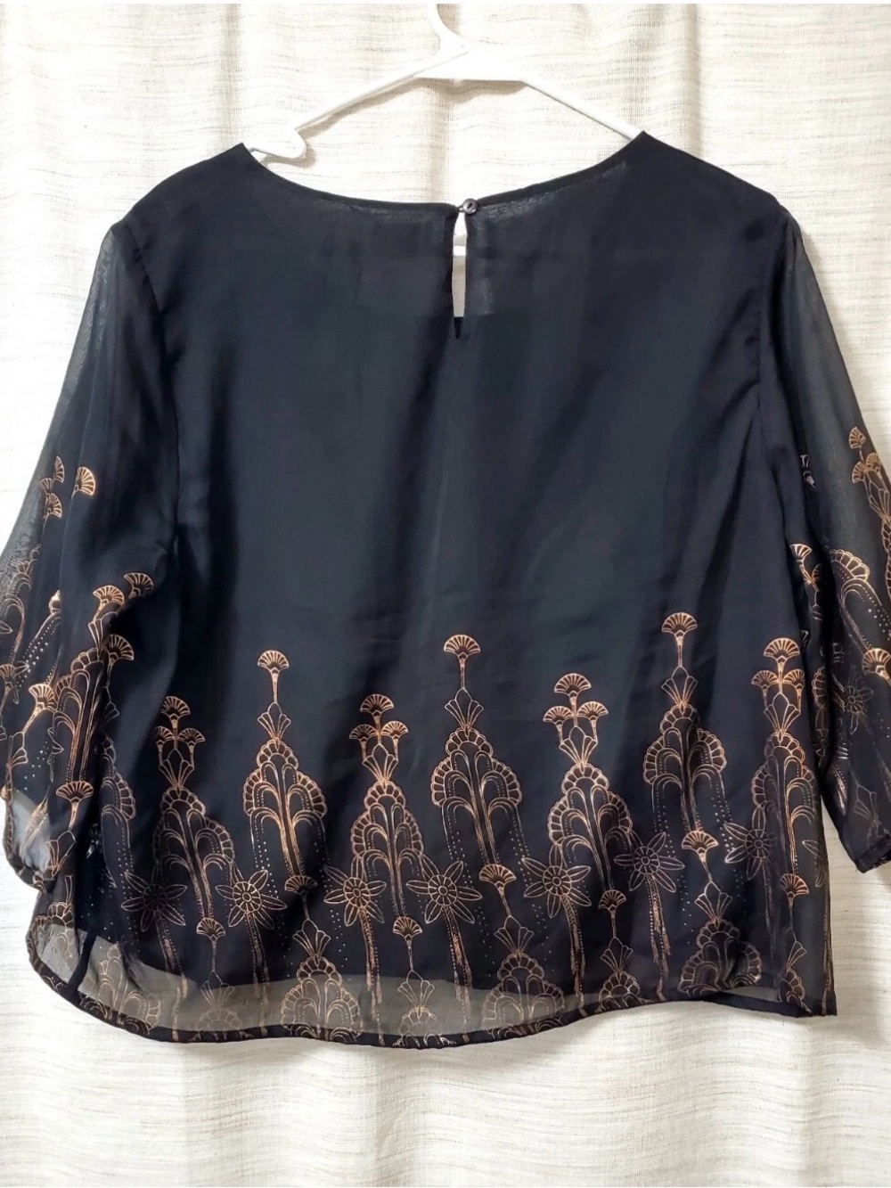 World Market L/XL Black Gold Art Deco Beaded Sheer Blouse Floral Boho Top - Picture 3 of 7